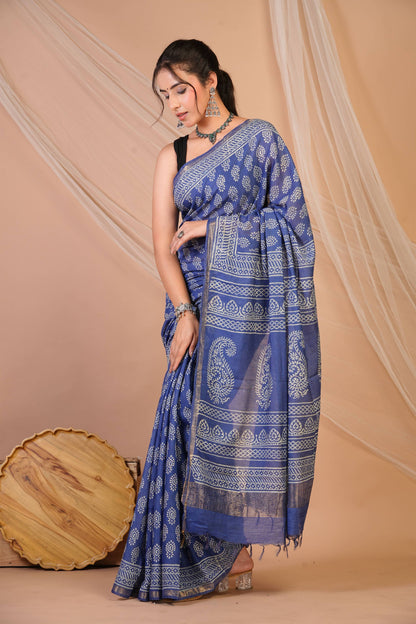 Anuttara Bhagalpuri Blue Cotton Silk (Art Silk) Abstract Saree with Unstitched Blouse_AFS1441-FS