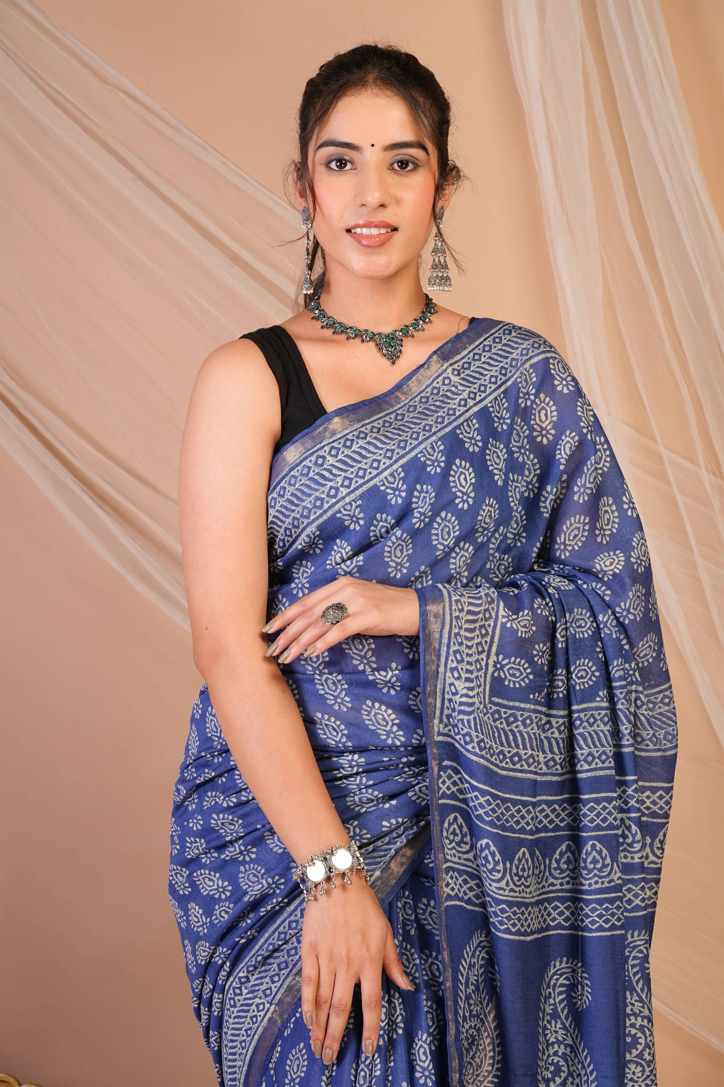Anuttara Bhagalpuri Blue Cotton Silk (Art Silk) Abstract Saree with Unstitched Blouse_AFS1441-FS