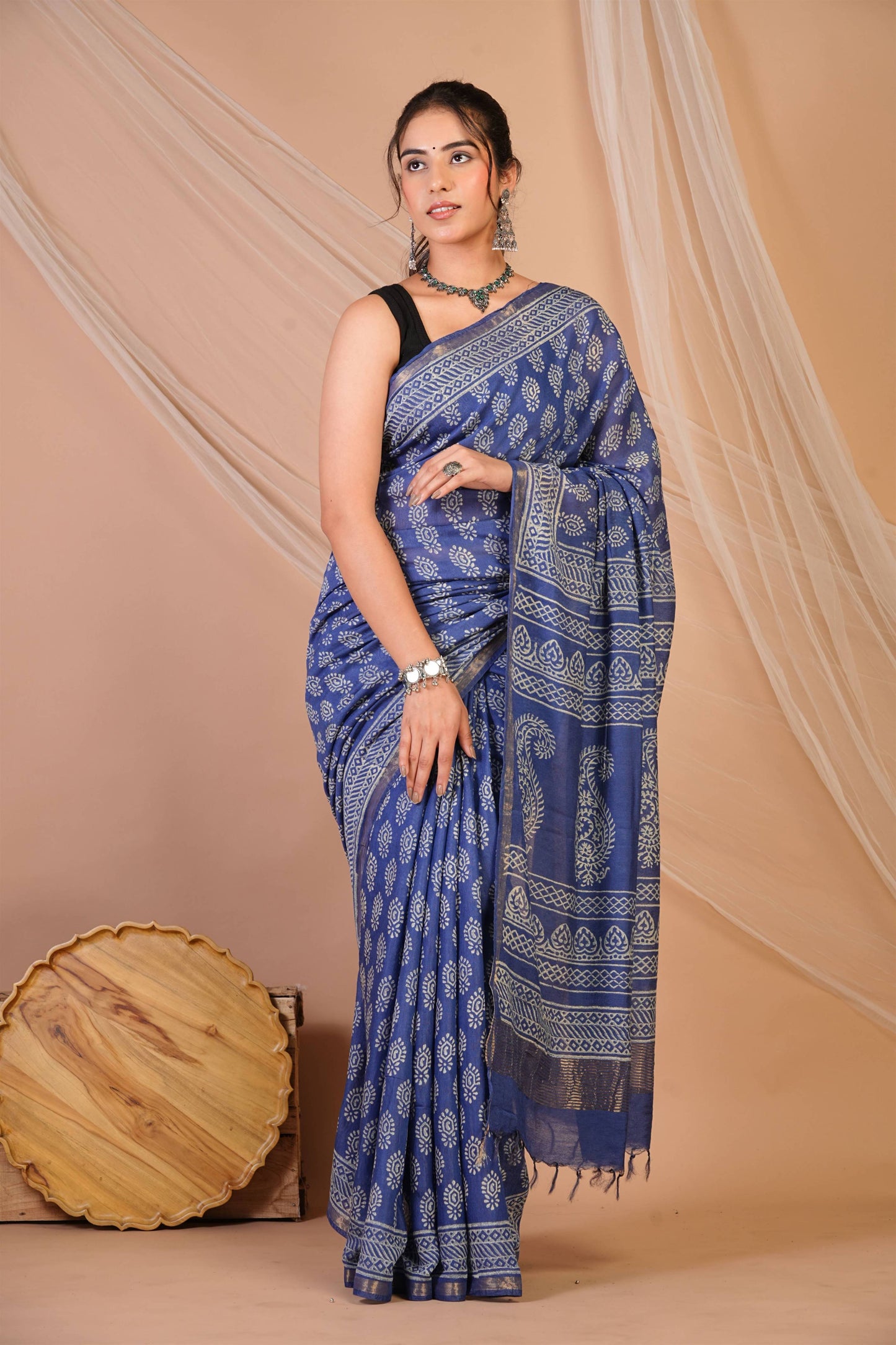 Anuttara Bhagalpuri Blue Cotton Silk (Art Silk) Abstract Saree with Unstitched Blouse_AFS1441-FS