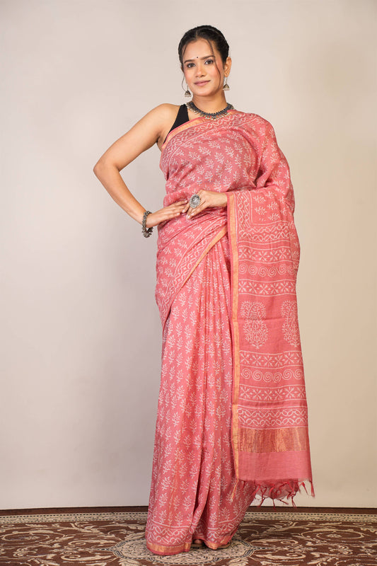 Anuttara Bhagalpuri Pink Cotton Silk (Art Silk) Floral Saree with Unstitched Blouse_AFS1442-FS
