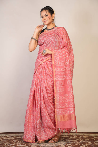 Anuttara Bhagalpuri Pink Cotton Silk (Art Silk) Floral Saree with Unstitched Blouse_AFS1442-FS