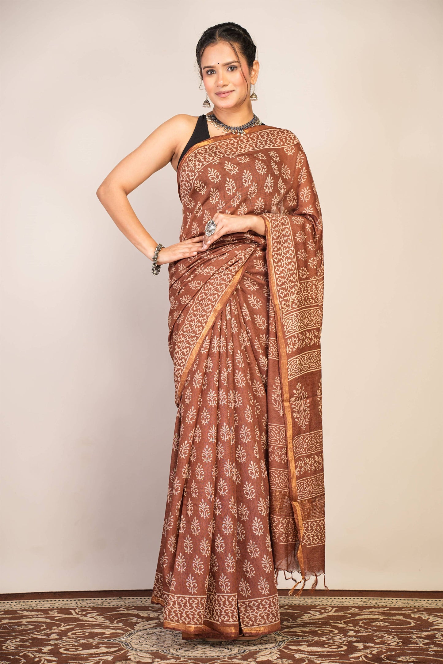 Anuttara Bhagalpuri Brown Cotton Silk (Art Silk) Floral Saree with Unstitched Blouse_AFS1443-FS