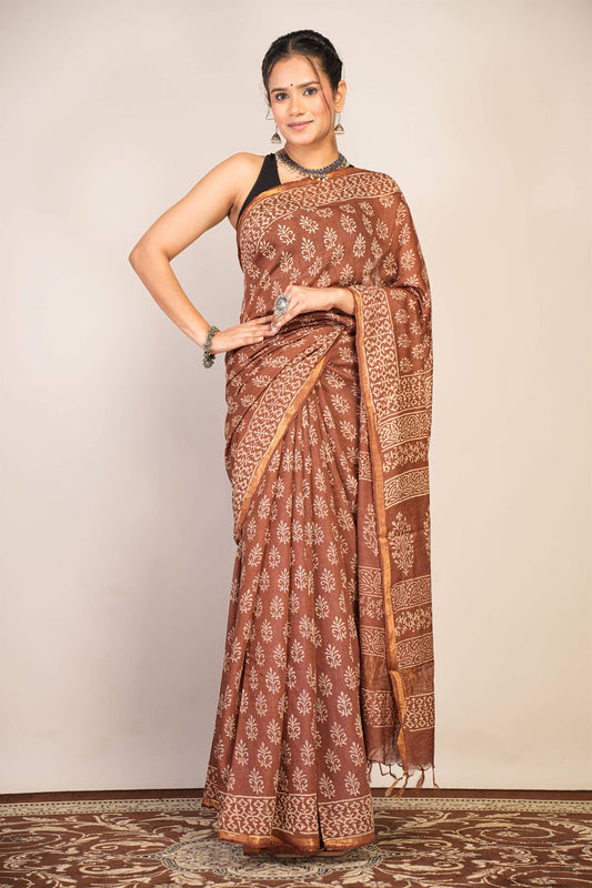 Anuttara Bhagalpuri Brown Cotton Silk (Art Silk) Floral Saree with Unstitched Blouse_AFS1443-FS
