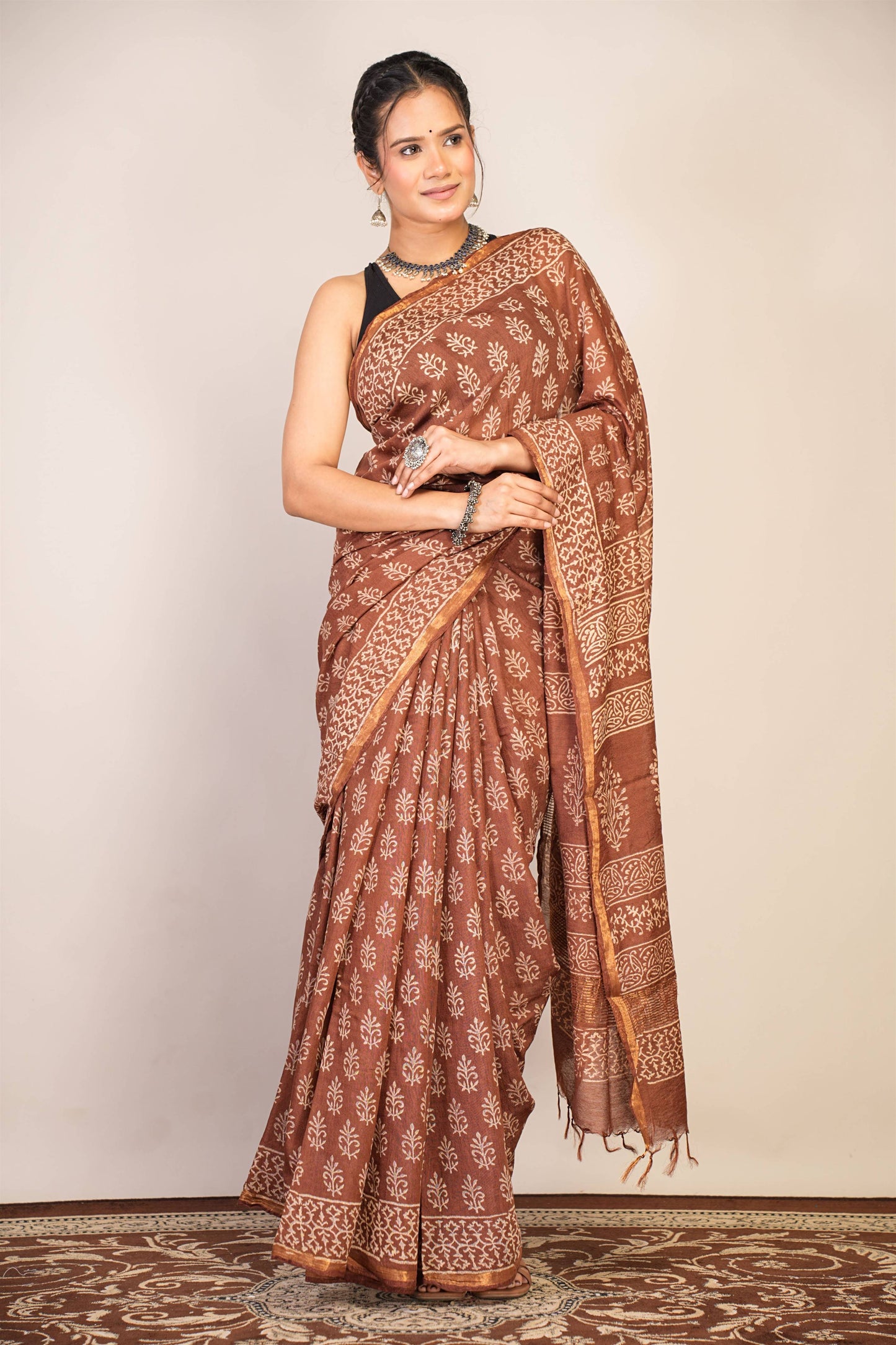 Anuttara Bhagalpuri Brown Cotton Silk (Art Silk) Floral Saree with Unstitched Blouse_AFS1443-FS