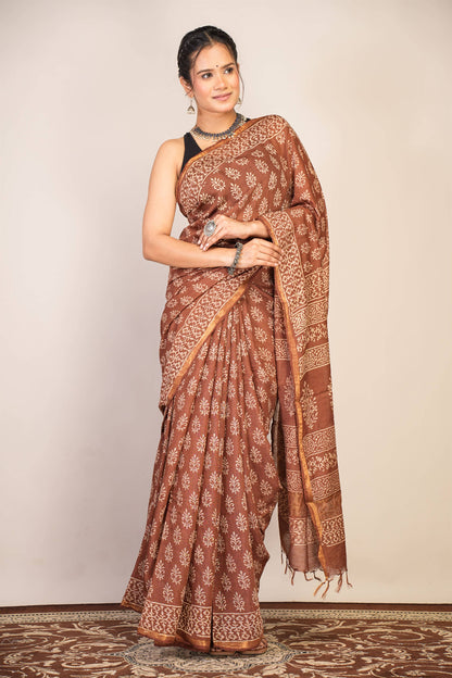 Anuttara Bhagalpuri Brown Cotton Silk (Art Silk) Floral Saree with Unstitched Blouse_AFS1443-FS