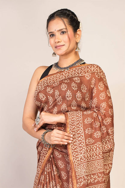 Anuttara Bhagalpuri Brown Cotton Silk (Art Silk) Floral Saree with Unstitched Blouse_AFS1443-FS