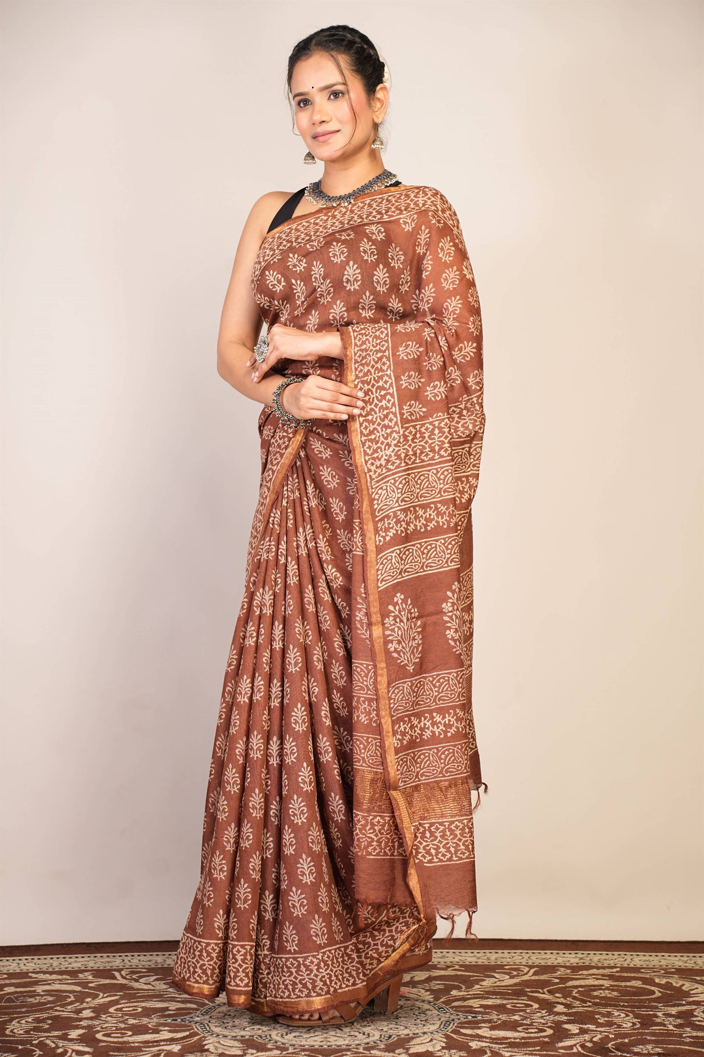 Anuttara Bhagalpuri Brown Cotton Silk (Art Silk) Floral Saree with Unstitched Blouse_AFS1443-FS