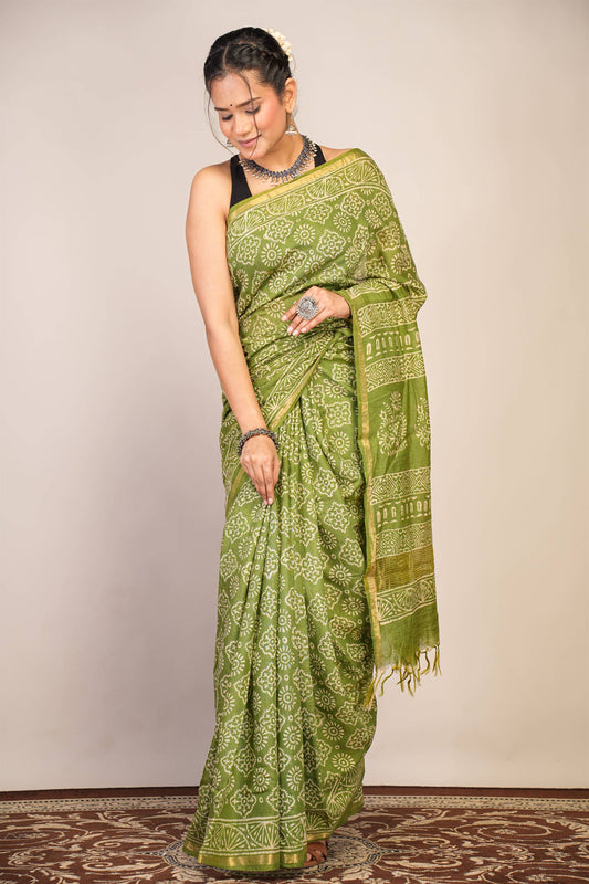 Anuttara Bhagalpuri Green Cotton Silk (Art Silk) Abstract Saree with Unstitched Blouse_AFS1444-FS