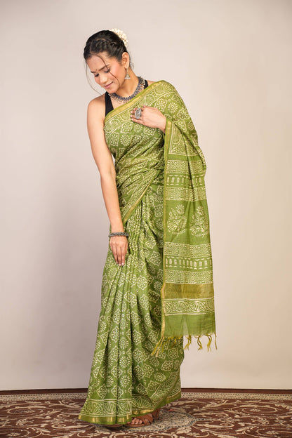 Anuttara Bhagalpuri Green Cotton Silk (Art Silk) Abstract Saree with Unstitched Blouse_AFS1444-FS