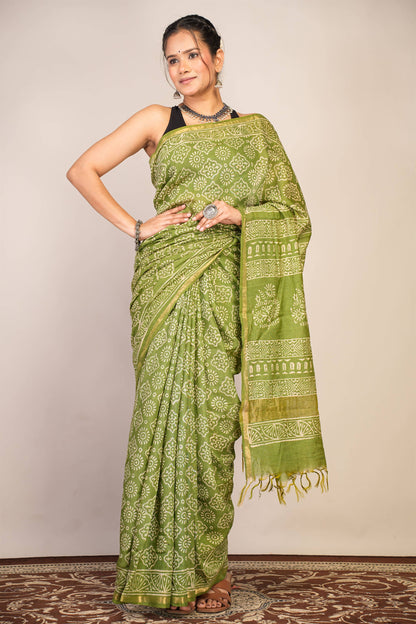 Anuttara Bhagalpuri Green Cotton Silk (Art Silk) Abstract Saree with Unstitched Blouse_AFS1444-FS