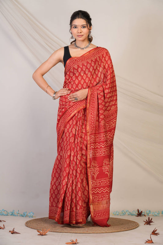 Anuttara Bhagalpuri Red Cotton Silk (Art Silk) Floral Saree with Unstitched Blouse_AFS1445-FS