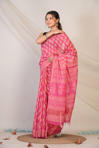 Anuttara Bhagalpuri Baby Pink Cotton Silk (Art Silk) Floral Saree with Unstitched Blouse_AFS1446-FS