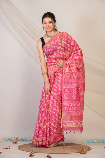 Anuttara Bhagalpuri Baby Pink Cotton Silk (Art Silk) Floral Saree with Unstitched Blouse_AFS1446-FS