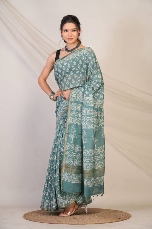 Anuttara Bhagalpuri Teal Green Cotton Silk (Art Silk) Abstract Saree with Unstitched Blouse_AFS1449-FS