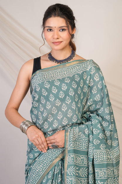 Anuttara Bhagalpuri Teal Green Cotton Silk (Art Silk) Abstract Saree with Unstitched Blouse_AFS1449-FS