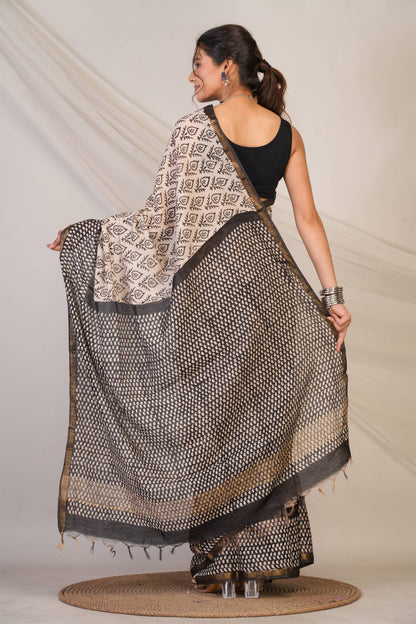 Anuttara Bhagalpuri Beige::Black Cotton Silk (Art Silk) Abstract Saree with Unstitched Blouse_AFS1450-FS