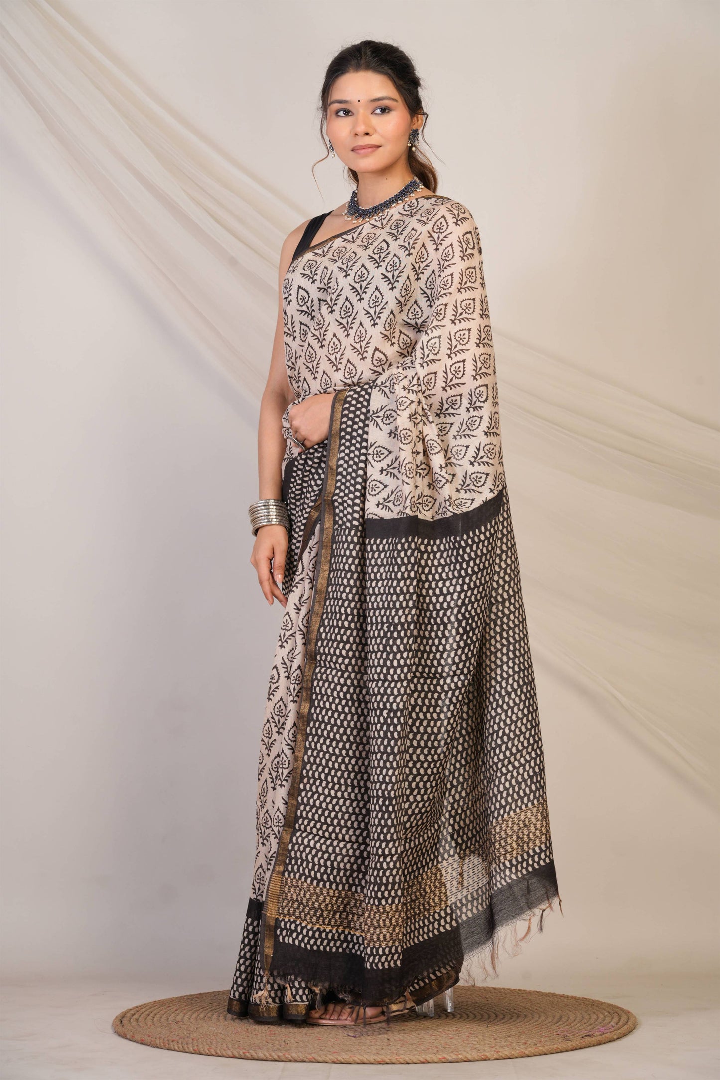 Anuttara Bhagalpuri Beige::Black Cotton Silk (Art Silk) Abstract Saree with Unstitched Blouse_AFS1450-FS