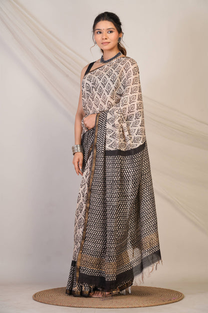 Anuttara Bhagalpuri Beige::Black Cotton Silk (Art Silk) Abstract Saree with Unstitched Blouse_AFS1450-FS