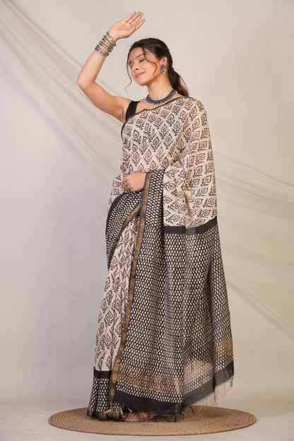 Anuttara Bhagalpuri Beige::Black Cotton Silk (Art Silk) Abstract Saree with Unstitched Blouse_AFS1450-FS