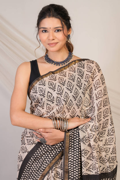Anuttara Bhagalpuri Beige::Black Cotton Silk (Art Silk) Abstract Saree with Unstitched Blouse_AFS1450-FS