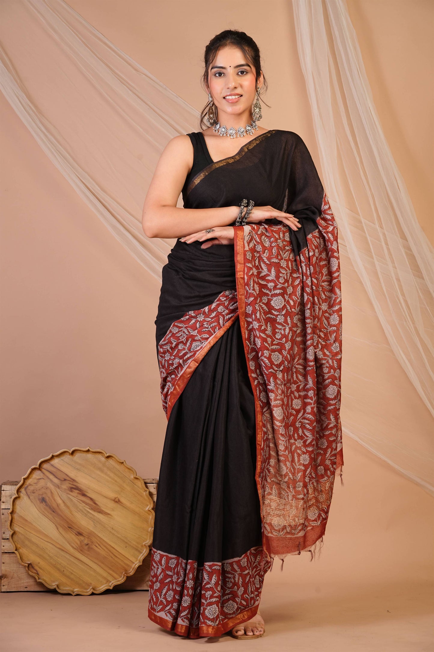 Anuttara Bhagalpuri Black::Red Cotton Silk (Art Silk) Floral Saree with Unstitched Blouse_AFS1451-FS