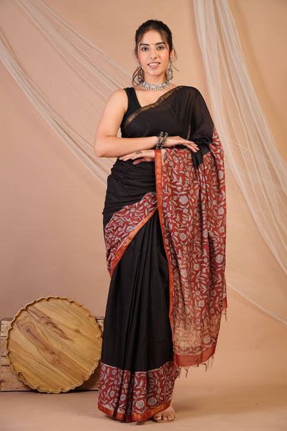 Anuttara Bhagalpuri Black::Red Cotton Silk (Art Silk) Floral Saree with Unstitched Blouse_AFS1451-FS