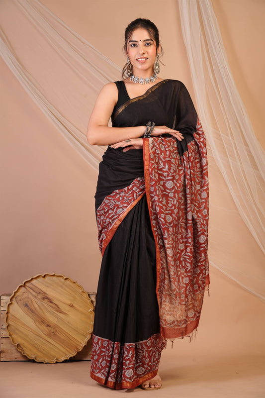 Anuttara Bhagalpuri Black::Red Cotton Silk (Art Silk) Floral Saree with Unstitched Blouse_AFS1451-FS