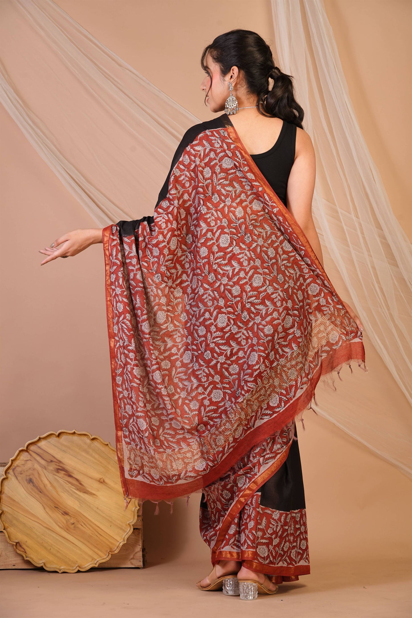 Anuttara Bhagalpuri Black::Red Cotton Silk (Art Silk) Floral Saree with Unstitched Blouse_AFS1451-FS