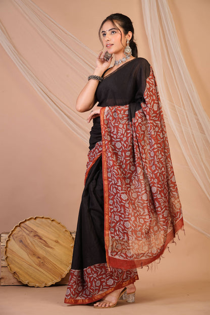 Anuttara Bhagalpuri Black::Red Cotton Silk (Art Silk) Floral Saree with Unstitched Blouse_AFS1451-FS