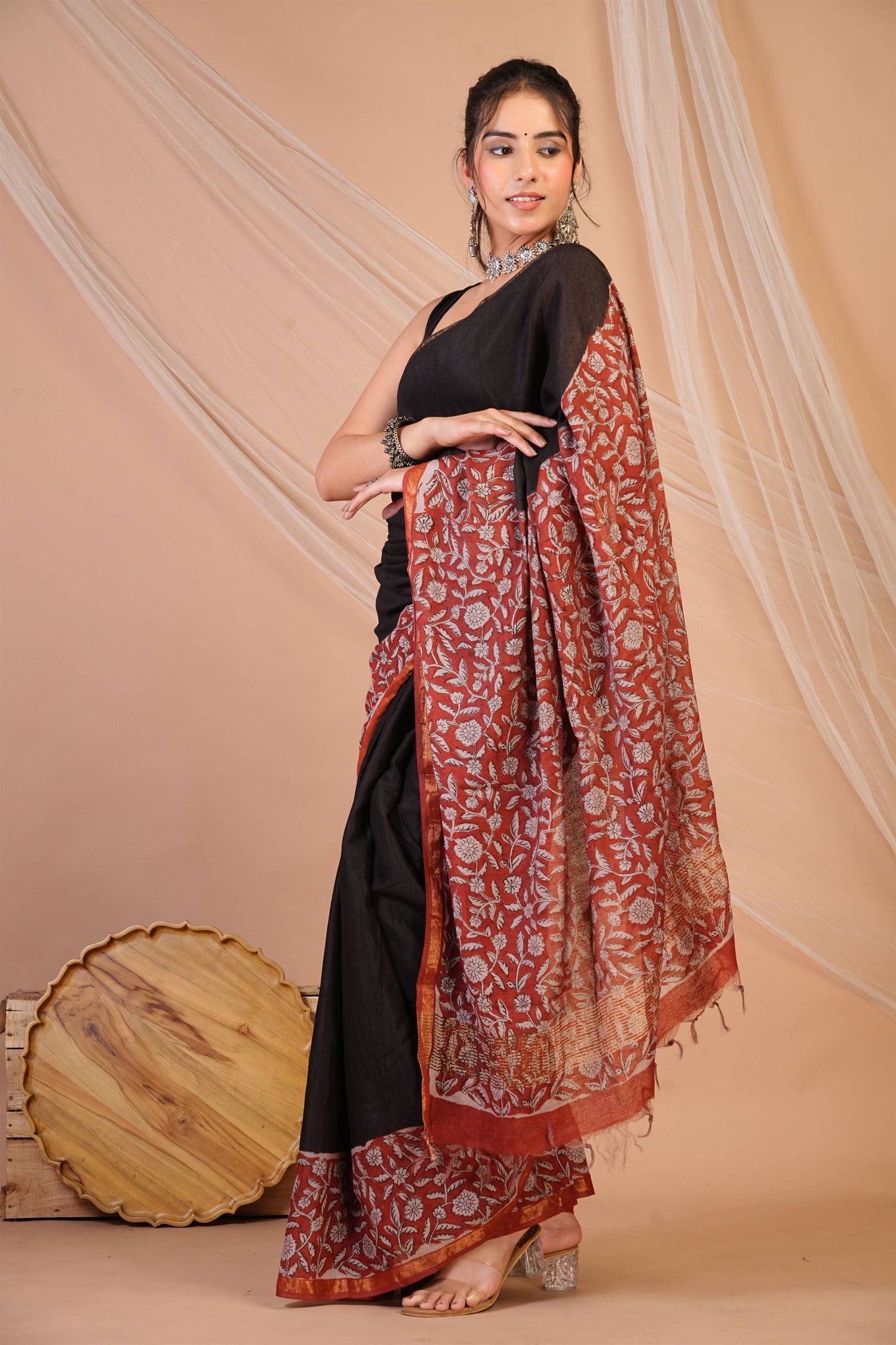 Anuttara Bhagalpuri Black::Red Cotton Silk (Art Silk) Floral Saree with Unstitched Blouse_AFS1451-FS