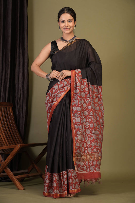 Anuttara Bhagalpuri Black::Red Cotton Silk (Art Silk) Floral Saree with Unstitched Blouse_AFS1452-FS