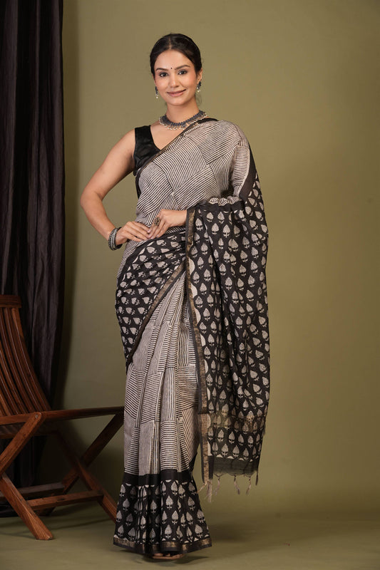 Anuttara Bhagalpuri Black::White Cotton Silk (Art Silk) Stripe, Floral Saree with Unstitched Blouse_AFS1453-FS