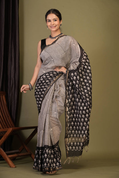 Anuttara Bhagalpuri Black::White Cotton Silk (Art Silk) Stripe, Floral Saree with Unstitched Blouse_AFS1453-FS