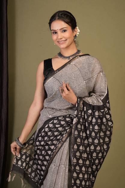 Anuttara Bhagalpuri Black::White Cotton Silk (Art Silk) Stripe, Floral Saree with Unstitched Blouse_AFS1453-FS