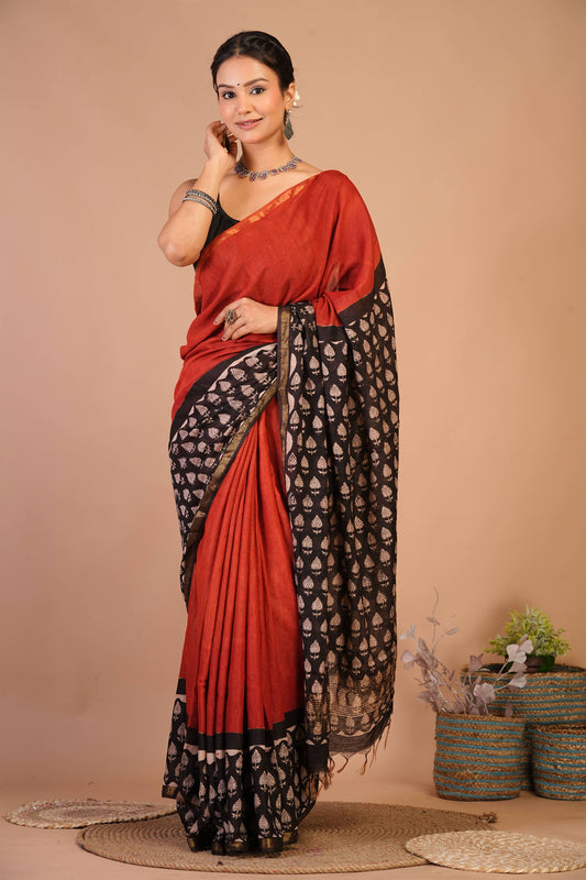 Anuttara Bhagalpuri Red::Black Cotton Silk (Art Silk) Floral Saree with Unstitched Blouse_AFS1454-FS