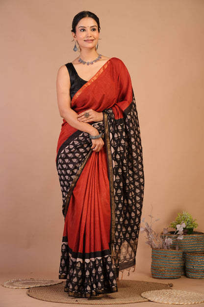 Anuttara Bhagalpuri Red::Black Cotton Silk (Art Silk) Floral Saree with Unstitched Blouse_AFS1454-FS