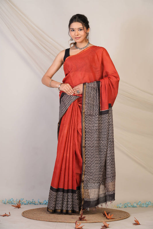 Anuttara Bhagalpuri Red::Black Cotton Silk (Art Silk) Printed Saree with Unstitched Blouse_AFS1455-FS