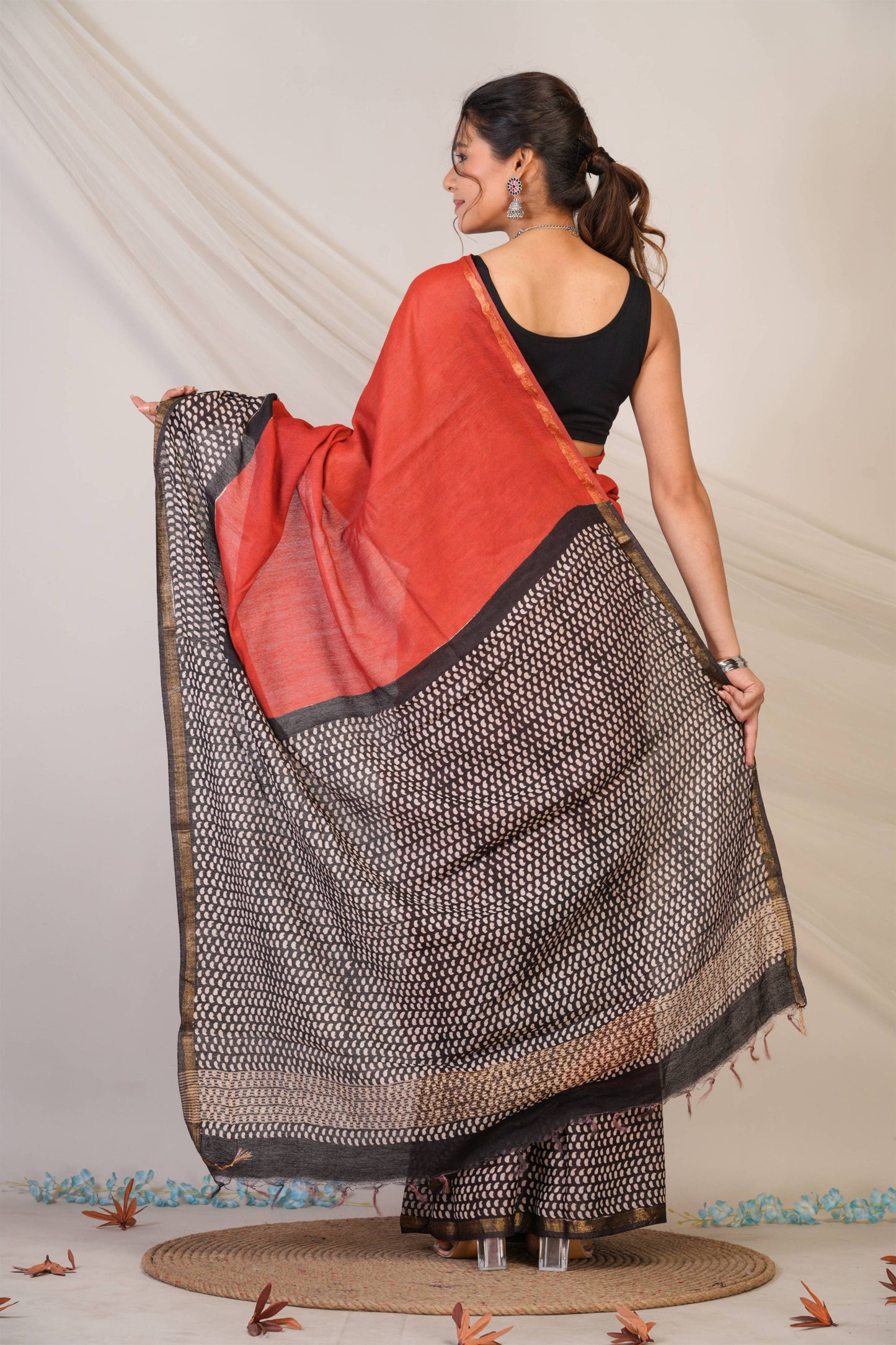 Anuttara Bhagalpuri Red::Black Cotton Silk (Art Silk) Printed Saree with Unstitched Blouse_AFS1455-FS