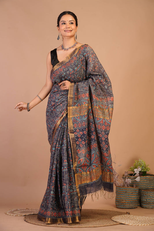 Anuttara Bhagalpuri Navy Blue Cotton Silk (Art Silk) Ajrakh Saree with Unstitched Blouse_AFS1456-FS