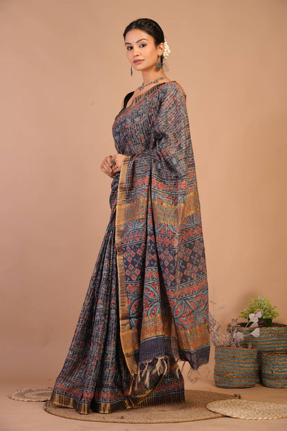 Anuttara Bhagalpuri Navy Blue Cotton Silk (Art Silk) Ajrakh Saree with Unstitched Blouse_AFS1456-FS