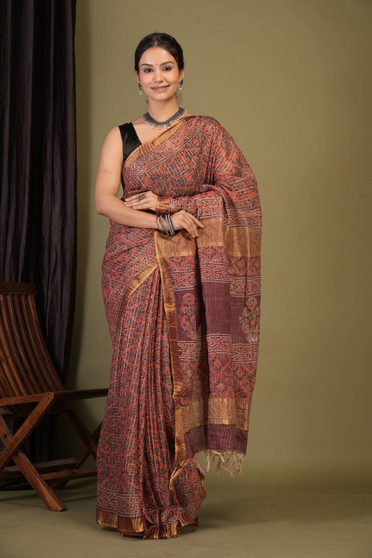 Anuttara Bhagalpuri Maroon Cotton Silk (Art Silk) Ajrakh Saree with Unstitched Blouse_AFS1457-FS