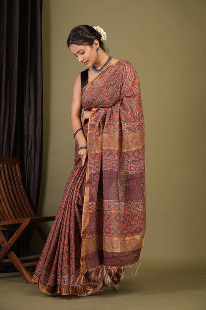 Anuttara Bhagalpuri Maroon Cotton Silk (Art Silk) Ajrakh Saree with Unstitched Blouse_AFS1457-FS
