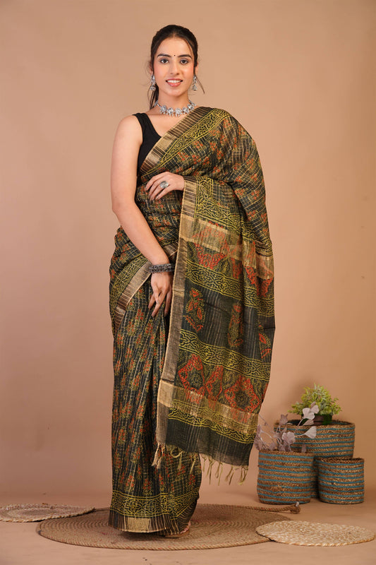 Anuttara Bhagalpuri Rama Green Cotton Silk (Art Silk) Ajrakh Saree with Unstitched Blouse_AFS1458-FS