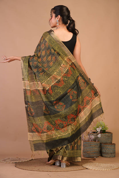 Anuttara Bhagalpuri Rama Green Cotton Silk (Art Silk) Ajrakh Saree with Unstitched Blouse_AFS1458-FS