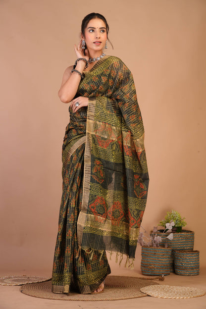 Anuttara Bhagalpuri Rama Green Cotton Silk (Art Silk) Ajrakh Saree with Unstitched Blouse_AFS1458-FS