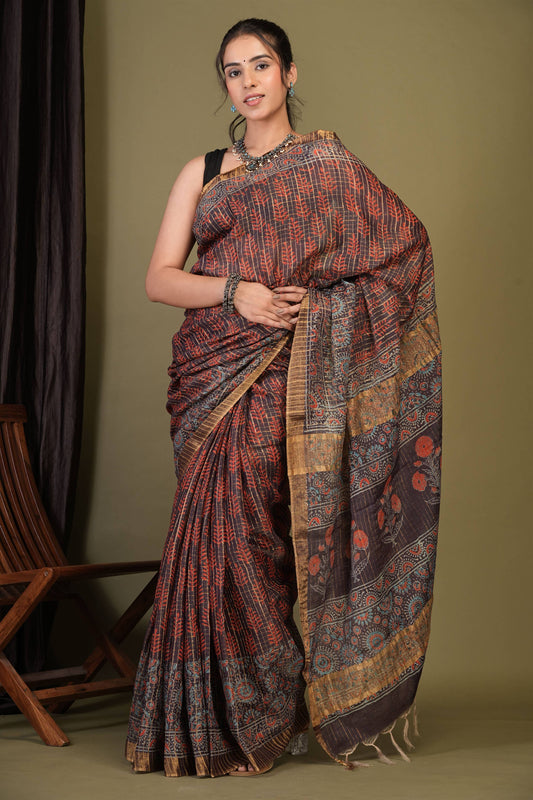 Anuttara Bhagalpuri Purple Cotton Silk (Art Silk) Ajrakh Saree with Unstitched Blouse_AFS1459-FS