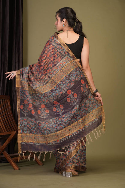Anuttara Bhagalpuri Purple Cotton Silk (Art Silk) Ajrakh Saree with Unstitched Blouse_AFS1459-FS