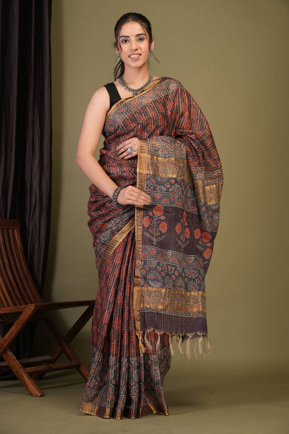 Anuttara Bhagalpuri Purple Cotton Silk (Art Silk) Ajrakh Saree with Unstitched Blouse_AFS1459-FS