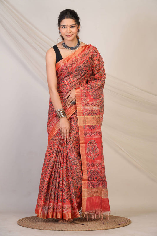 Anuttara Bhagalpuri Red Cotton Silk (Art Silk) Ajrakh Saree with Unstitched Blouse_AFS1460-FS