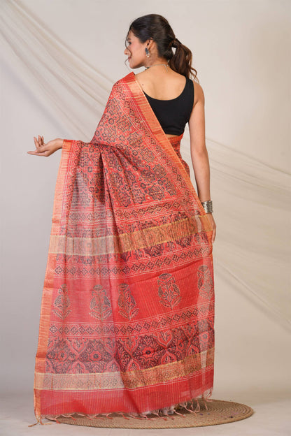 Anuttara Bhagalpuri Red Cotton Silk (Art Silk) Ajrakh Saree with Unstitched Blouse_AFS1460-FS